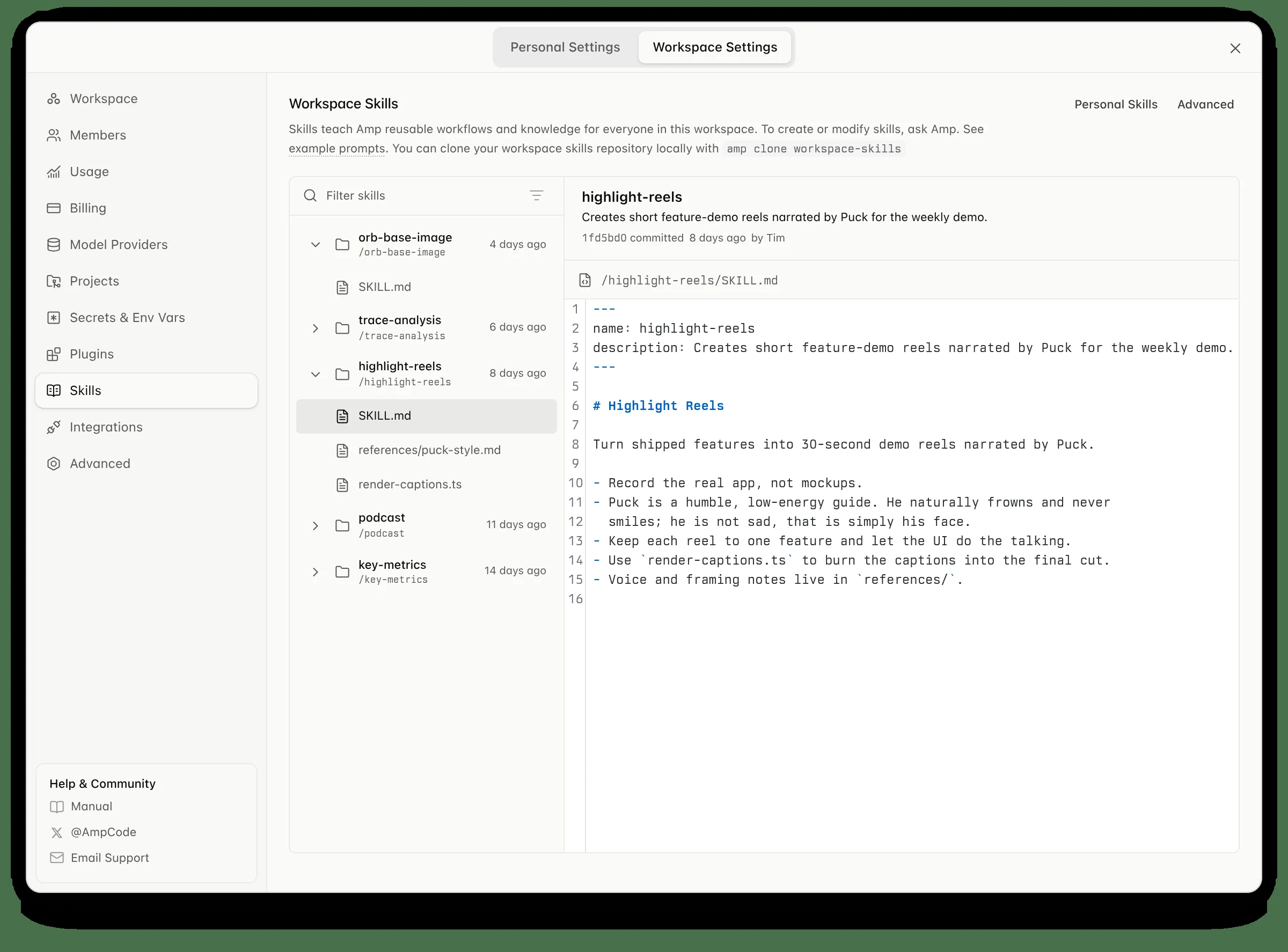 Amp agent workspace interface for skills and long agent runs