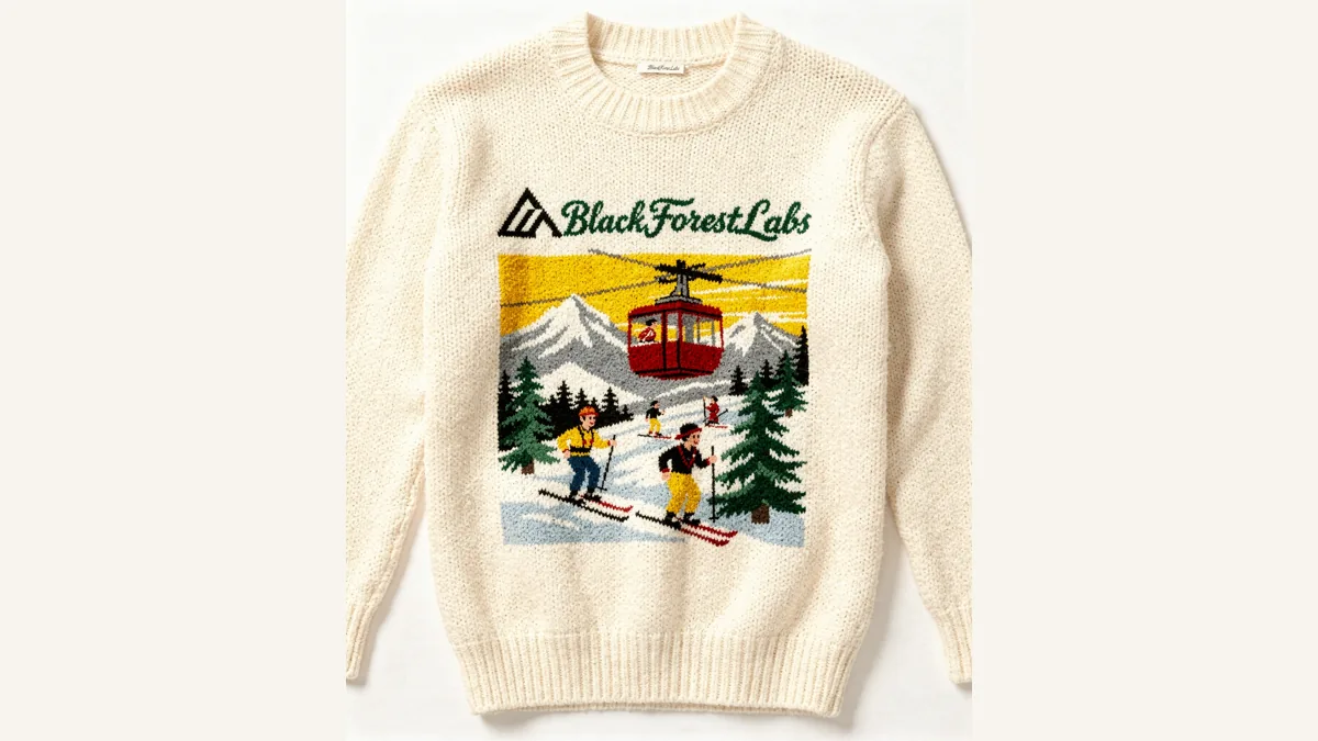 FLUX.2 product image showing a cream knit sweater with readable Black Forest Labs lettering