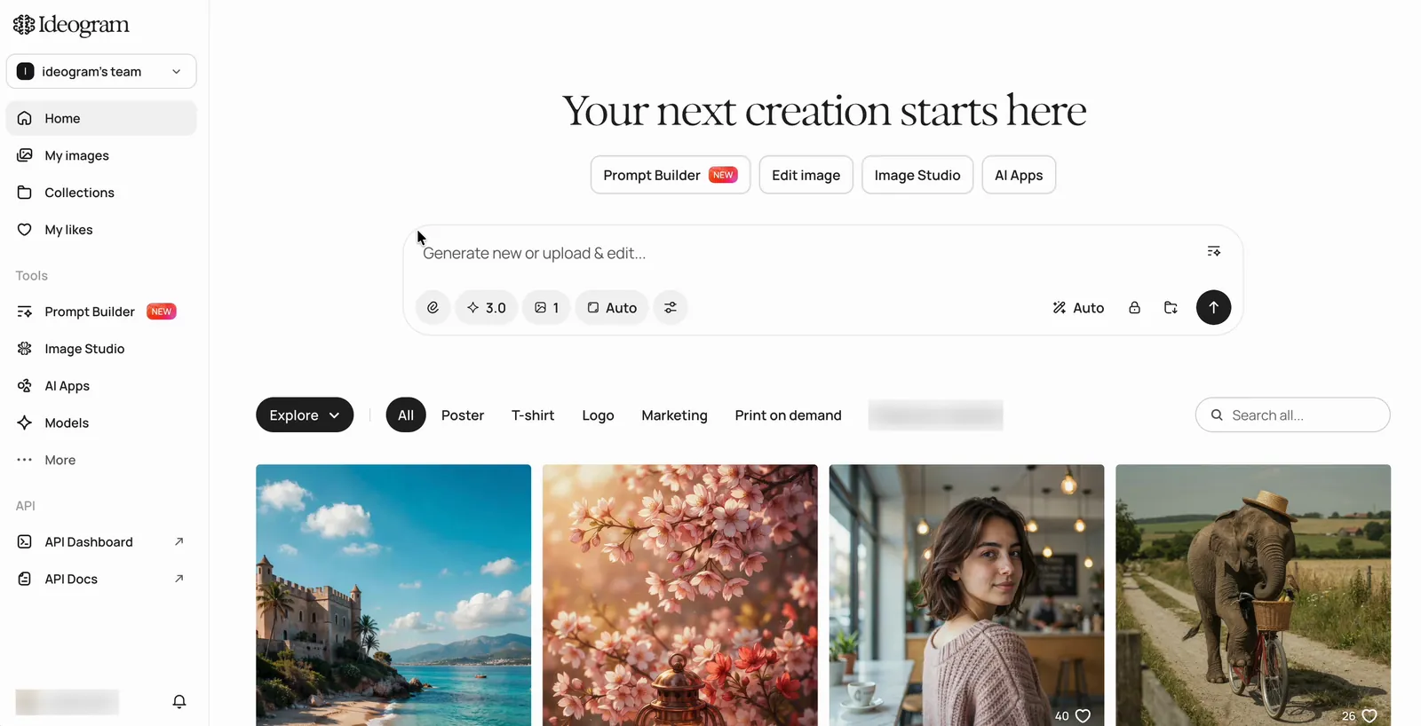 Ideogram home interface with prompt builder, image editing, studio, models, and generated image gallery