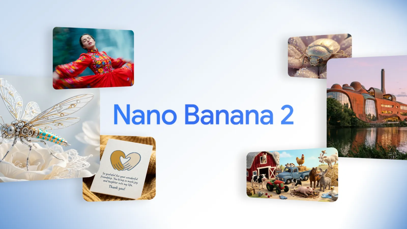 Official Nano Banana 2 visual showing generated photography, typography, objects, and scenes