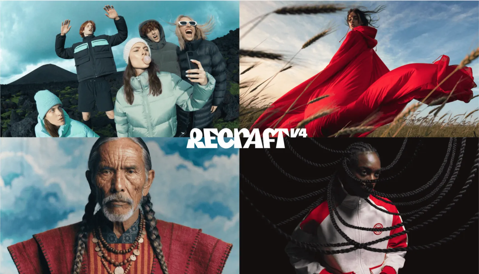 Official Recraft V4 visual showing fashion photography, portraiture, and art-directed compositions