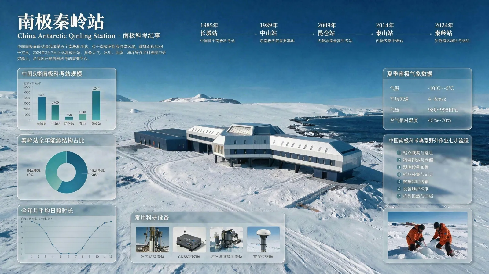 Seedream information graphic showing a Chinese Antarctic research station, timeline, charts, labels, and process steps