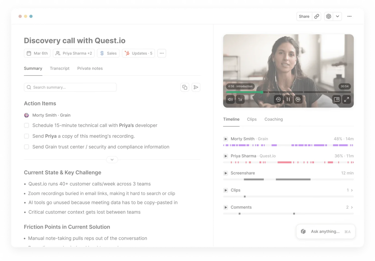 Grain AI notetaker product visual for team call review