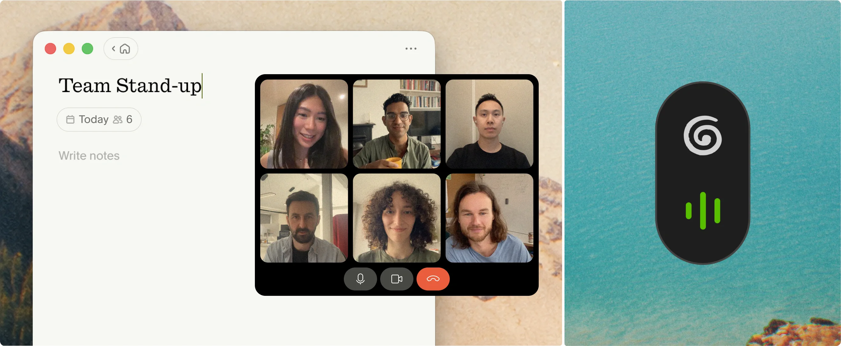Granola bot-free AI notepad beside a video call