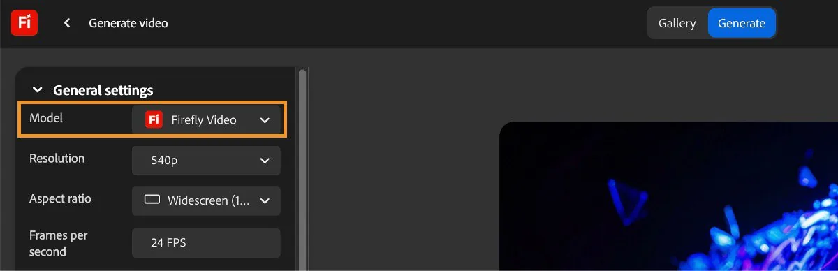 Adobe Firefly Generate Video interface with model, resolution, aspect ratio, and frame-rate controls