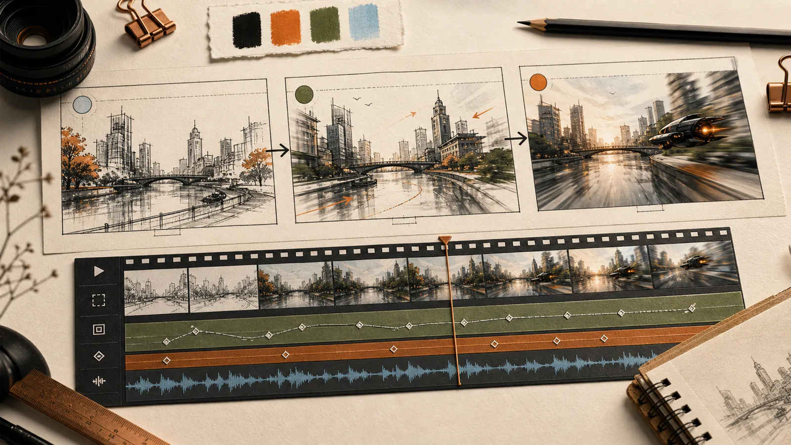 Storyboard frames moving from sketch to finished shot above an AI video editing timeline