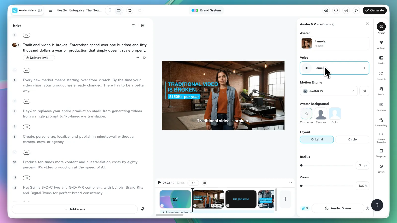 HeyGen AI Studio showing a script, avatar preview, scene storyboard, voice, layout, and brand controls