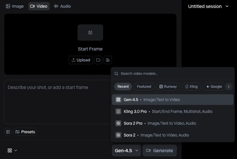 Runway video generation interface with a start frame, shot prompt, presets, and model selector