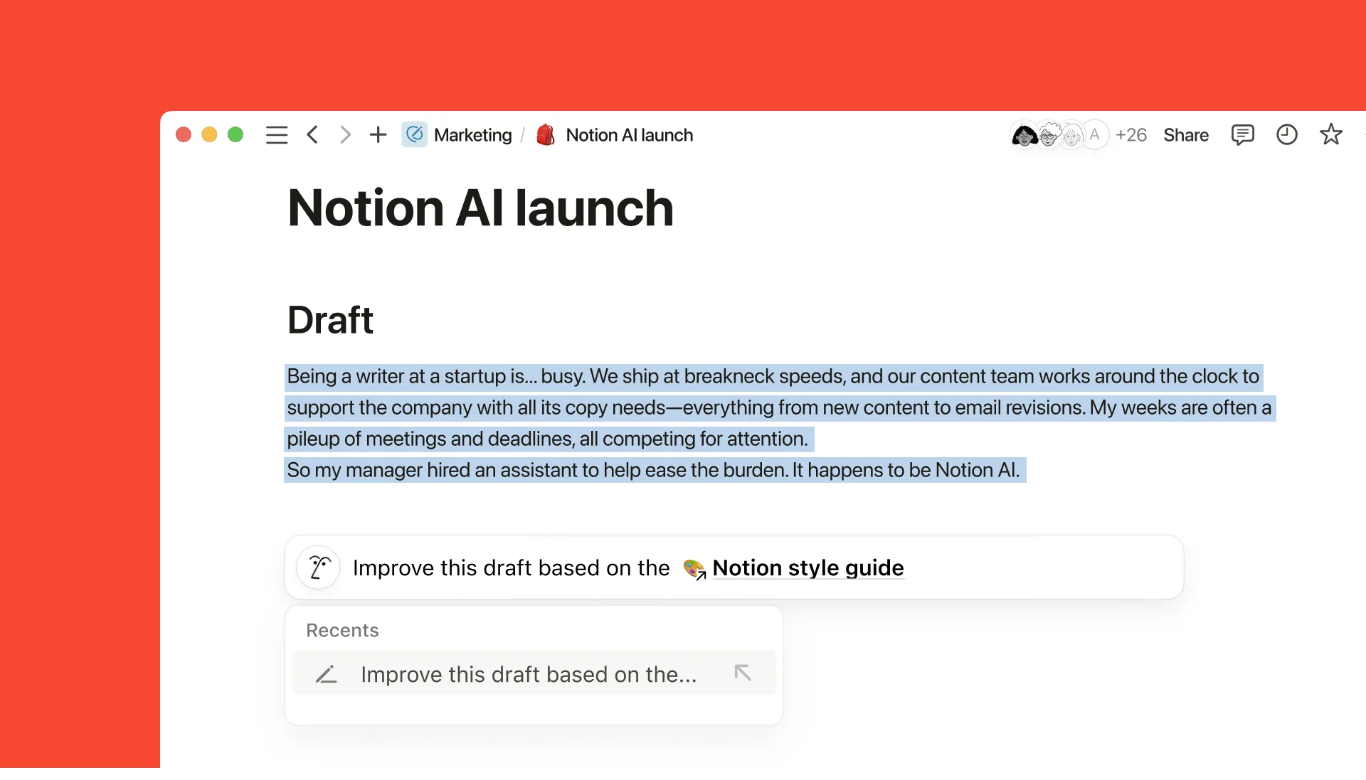 Notion AI draft workflow with an editing prompt inside a page