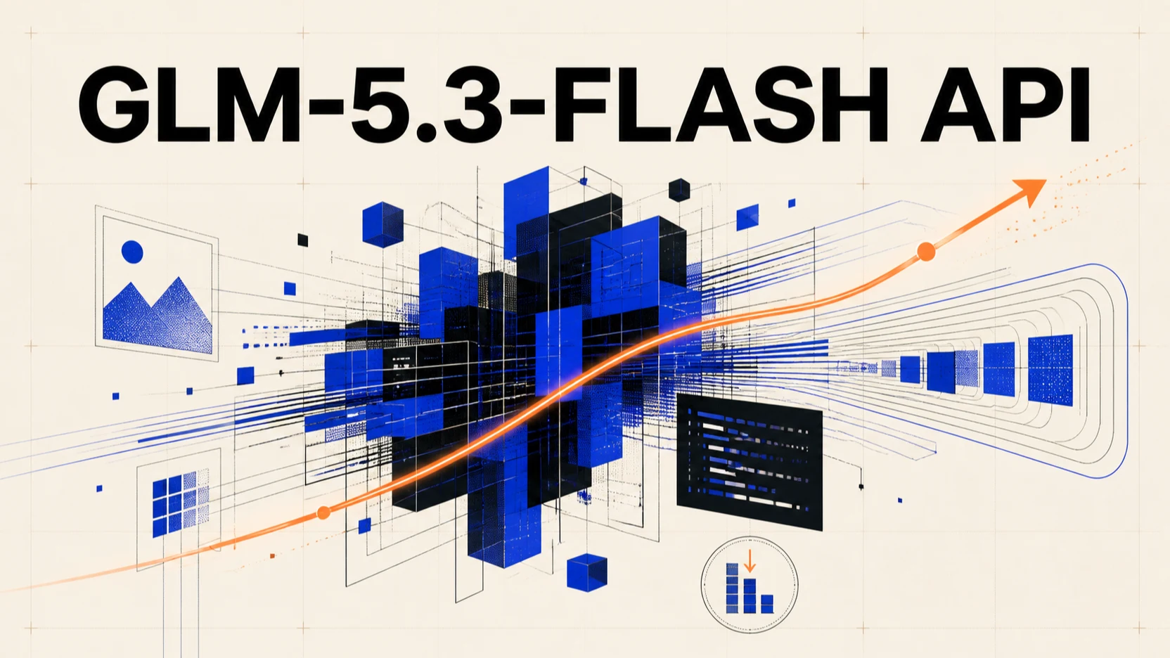 GLM-5.3-Flash API editorial cover with model blocks, multimodal paths and a rising cost-performance curve
